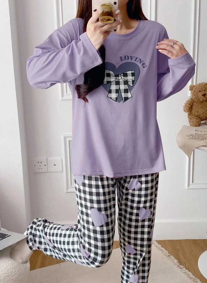 Take Two  Purple Heart Long Sleeve T-Shirt and Checked Pyjama Set for Women | Best Price UAE